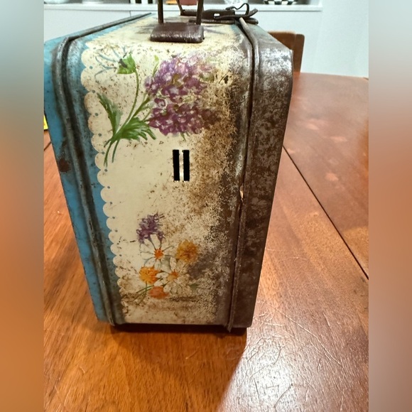 Vintage 1950s Thermos Corsage Flower Metal Lunchbox – Blue Floral Design - Picture 5 of 13
